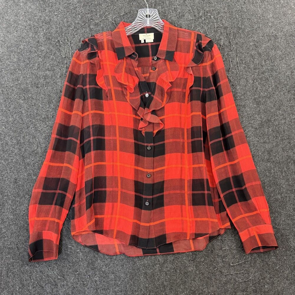 Kate Spade New York Woodland Blouse Women's 8 Red Plaid Ruffle Collared Silk